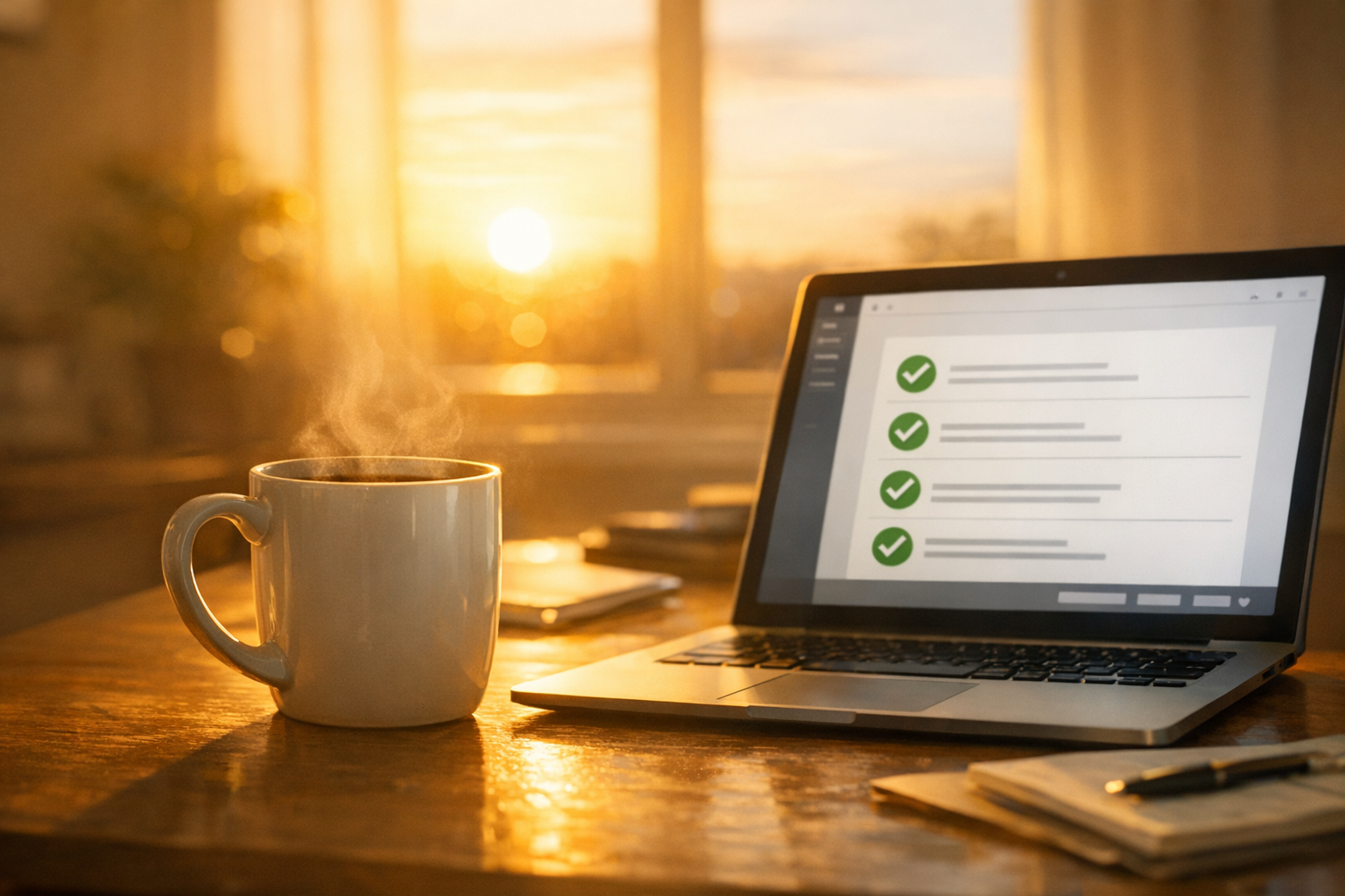 Coffee and laptop on a desk at sunrise