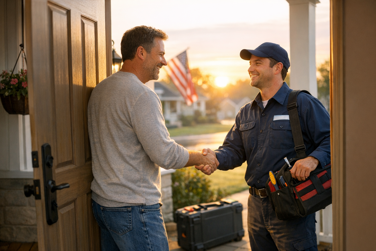 HVAC technician greeting a homeowner at the door