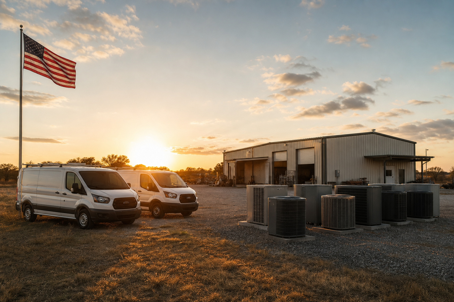 Two HVAC service vans parked at a Texas shop yard with AC condensers and US flag