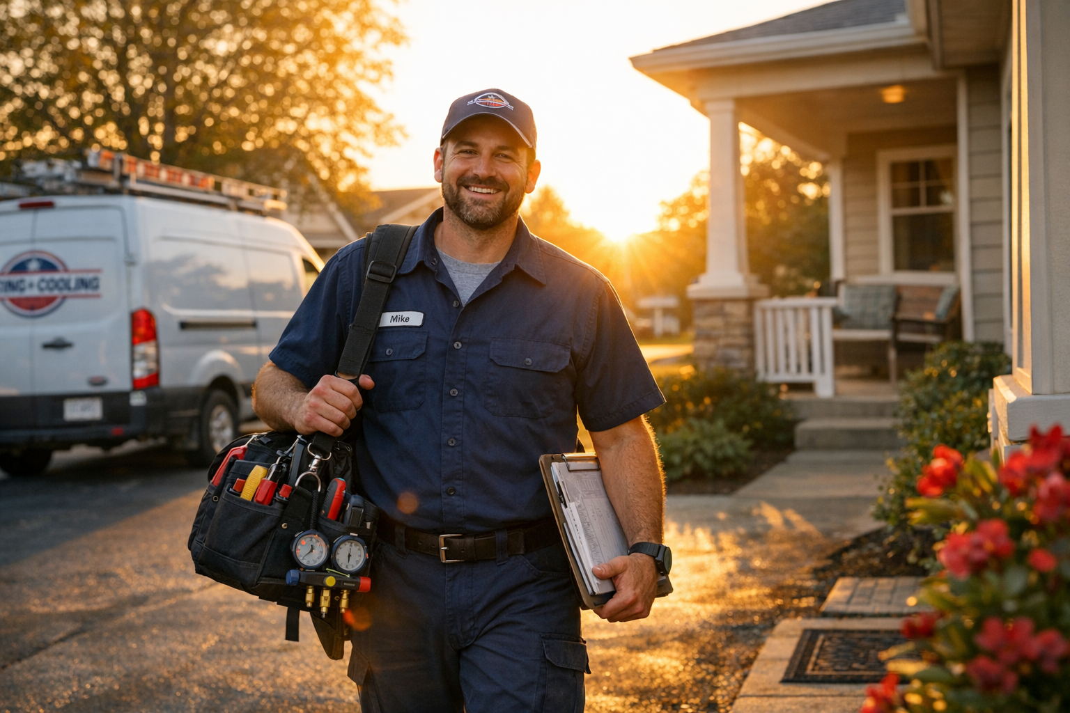 An HVAC service van arriving at a home at sunrise