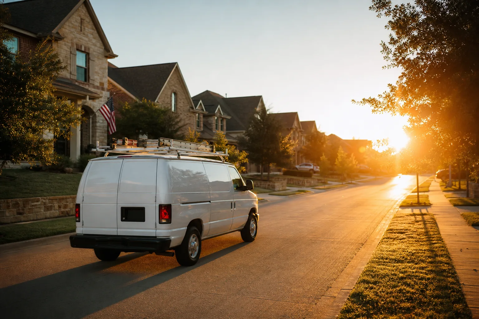 A white HVAC service van rolling up a Texas suburban street at sunrise
