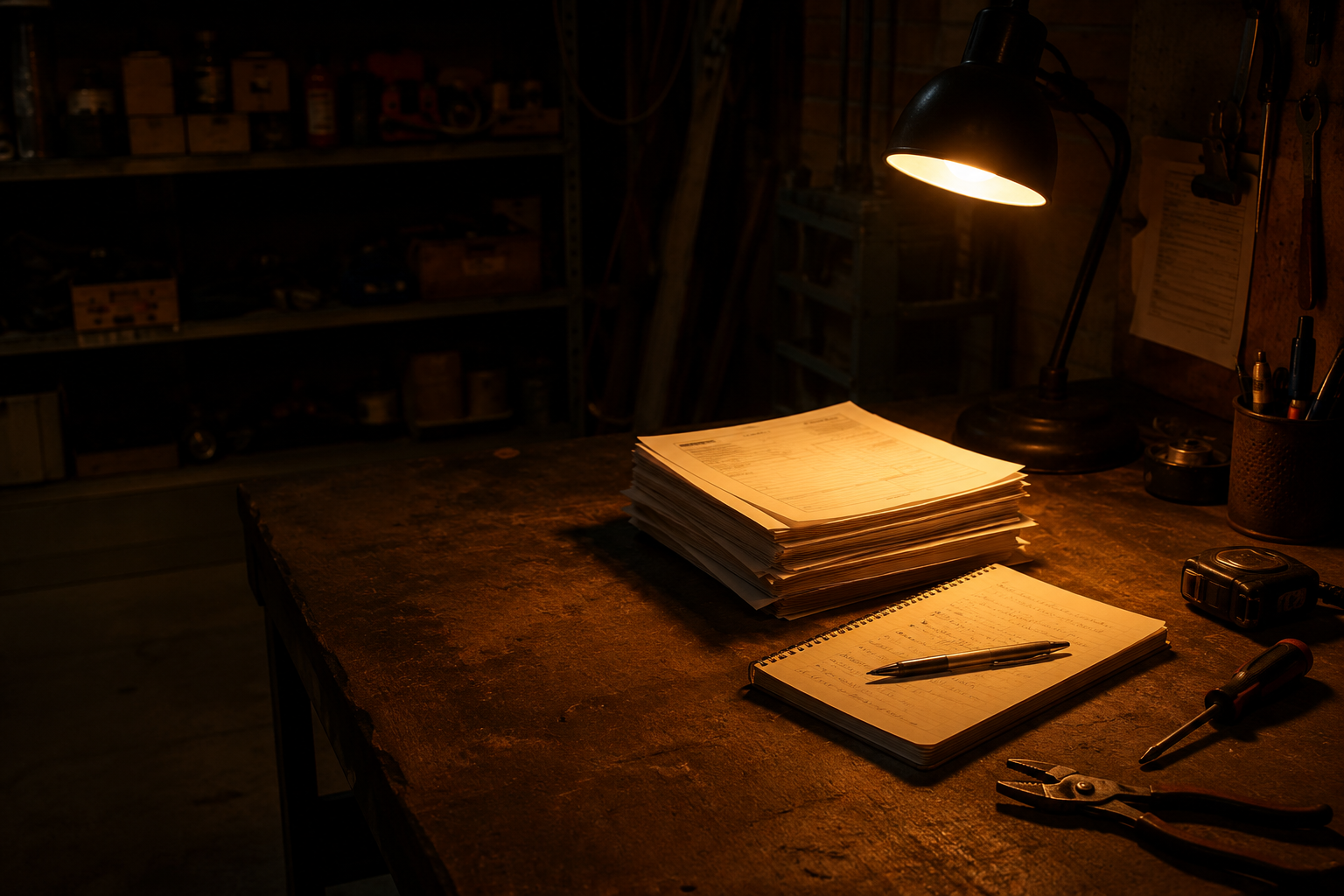 A small-business owner at a kitchen table late at night, sorting paperwork and invoices by lamplight