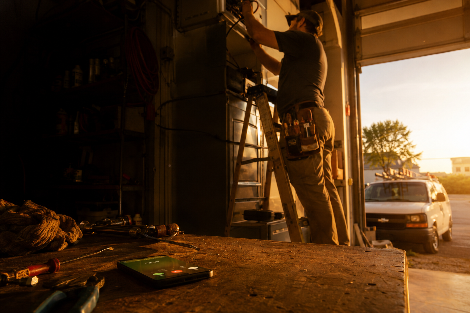 A service-business owner on a job site, hands full, with a phone showing an incoming lead handled for them