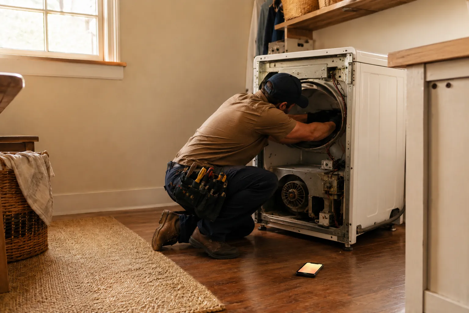An appliance repair tech reaching deep into the back of a dryer with both hands while a phone on the floor lights up with a missed call