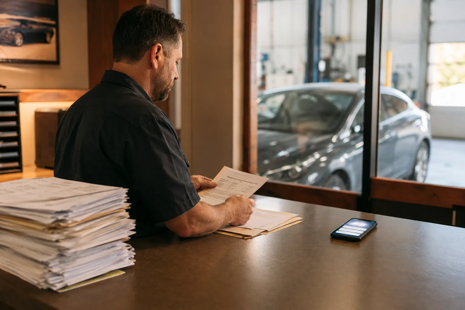 A collision shop estimator at the front counter weighing a stack of paid-lead invoices against the phone leads already coming in