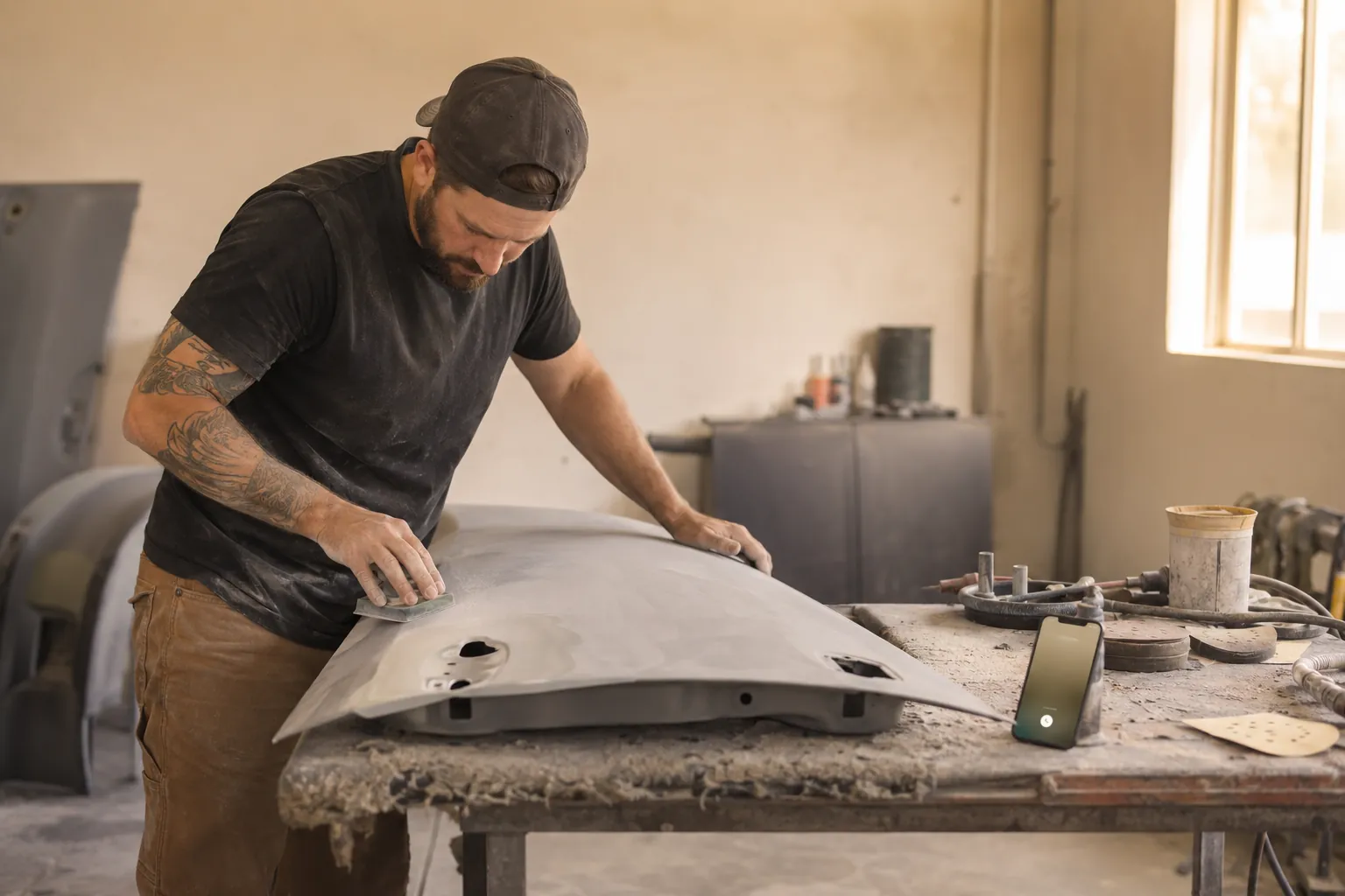 A body shop owner in the spray booth as a phone on the bench shows a driver asking what the dent repair will cost
