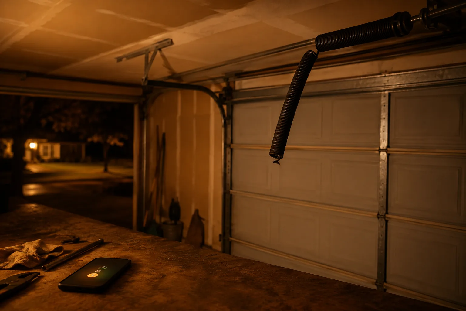 A garage door torsion spring snapped at night, phone lit up with a customer message the owner cannot answer