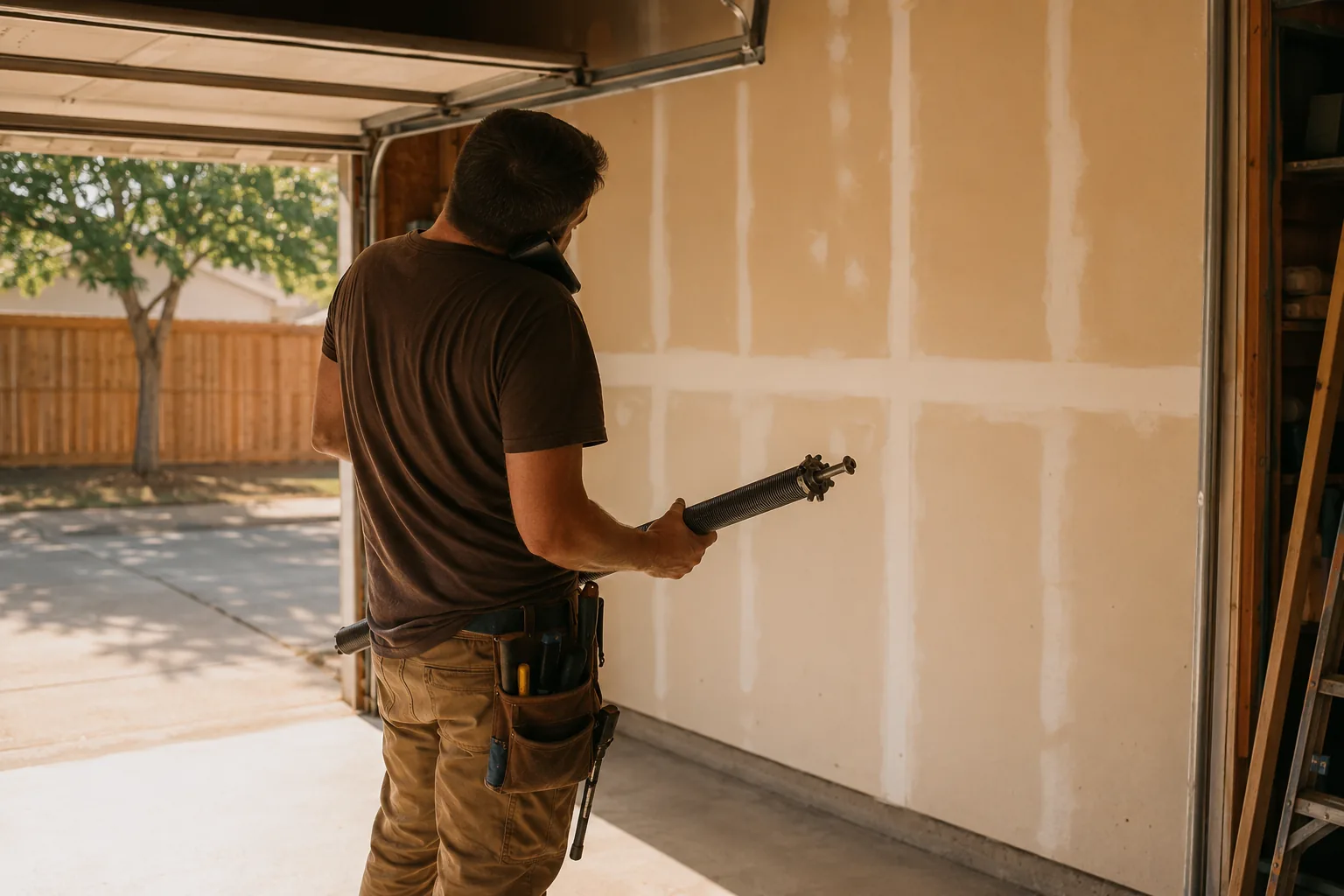 A garage door owner holding a phone, mid-job by a half-open door, as a customer asks how much the repair will cost