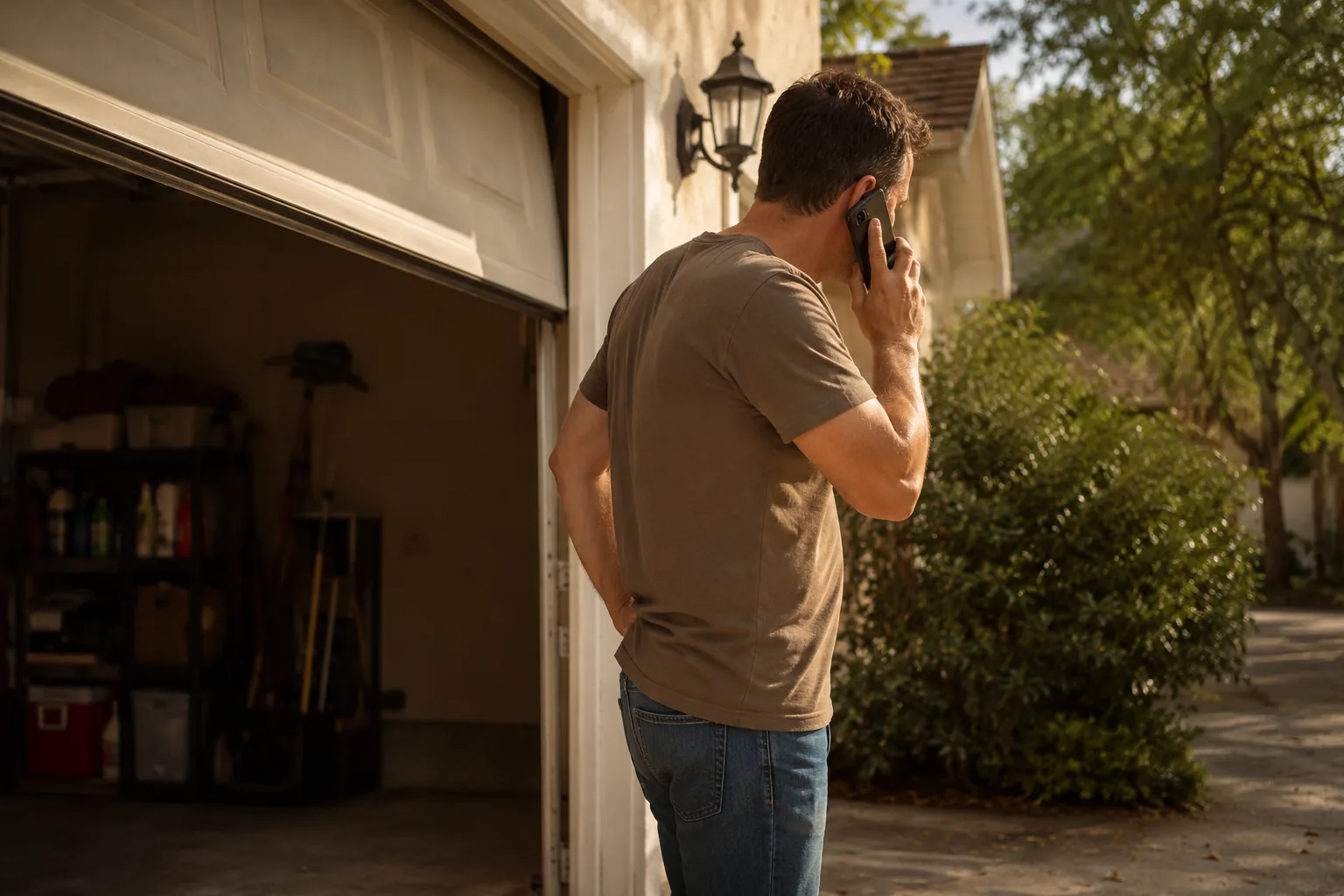 A homeowner by a half-open garage door, phone to ear, about to hang up and dial the next garage door shop