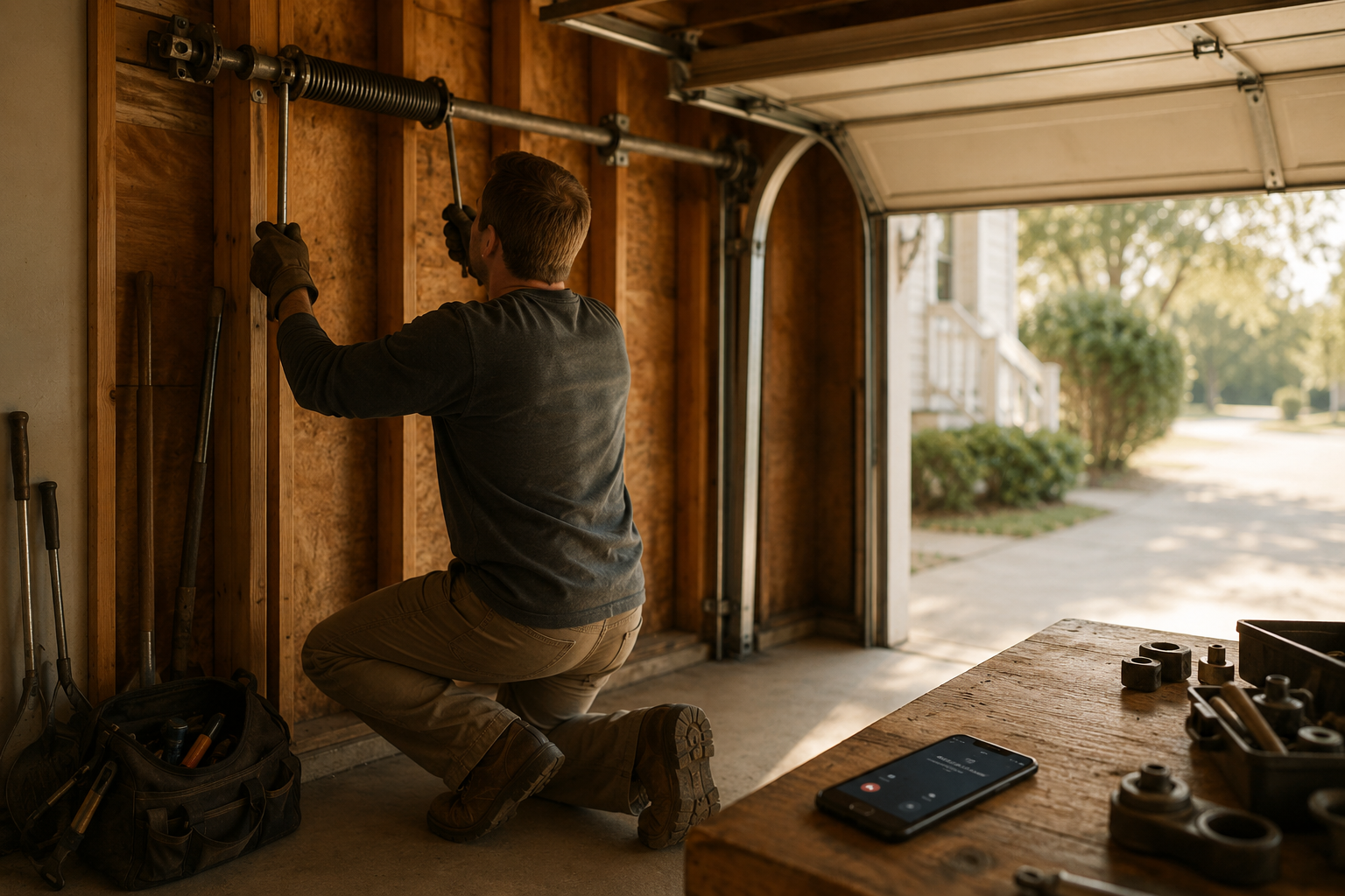 A garage door tech with both hands gripping the winding bars of a loaded torsion spring while a phone rings unanswered on the bench