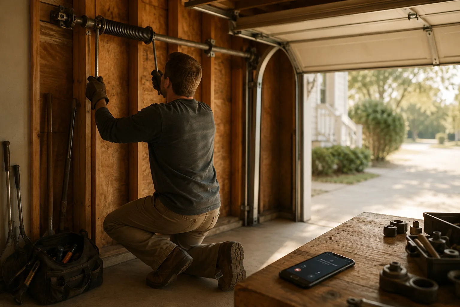 A garage door tech with both hands gripping the winding bars of a loaded torsion spring while a phone rings unanswered on the bench