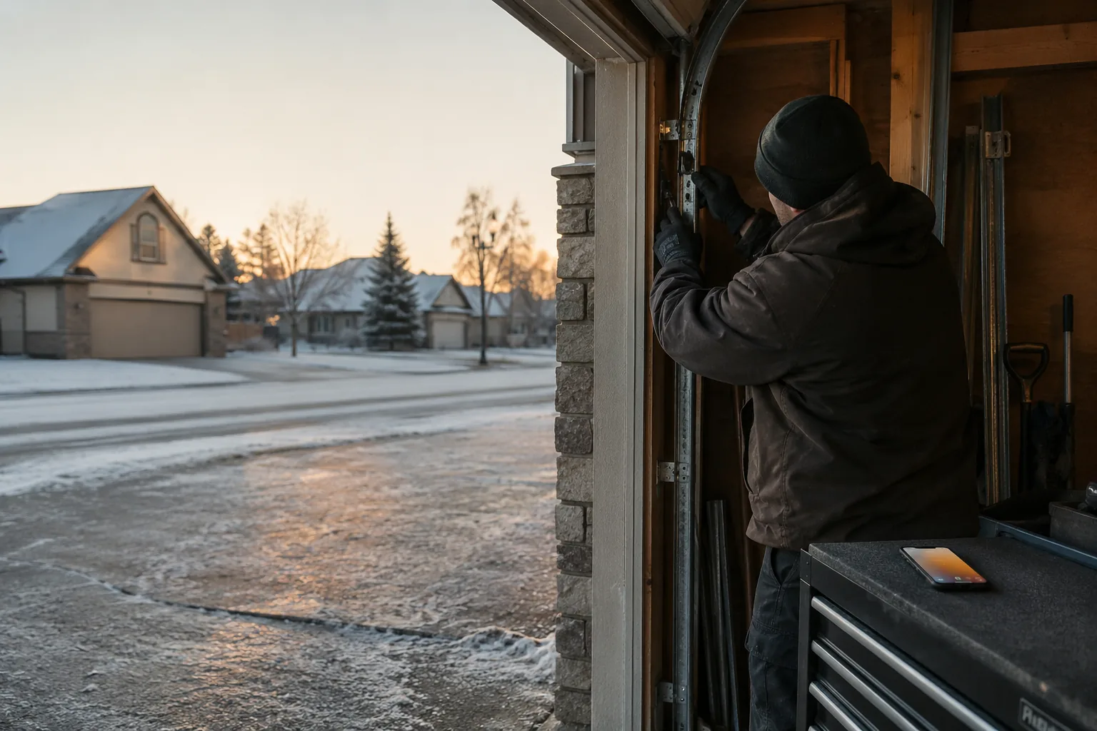 A garage door tech winding a new torsion spring on a frozen winter morning while a phone lights up with missed calls