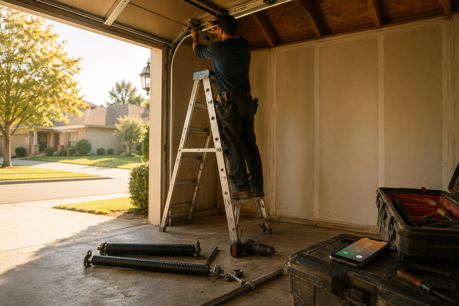 A garage door tech winding a torsion spring with both hands as a phone on the floor lights up with a missed call