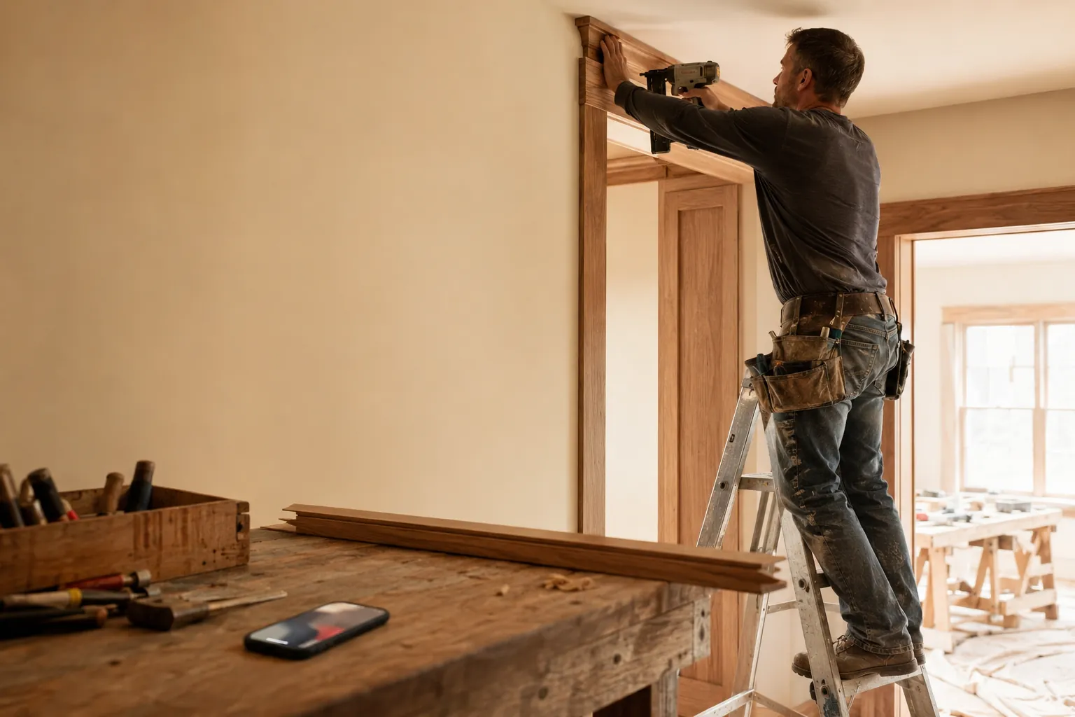 A solo general contractor up a ladder mid-job with tools in hand while a phone lights up unanswered on the work bench below