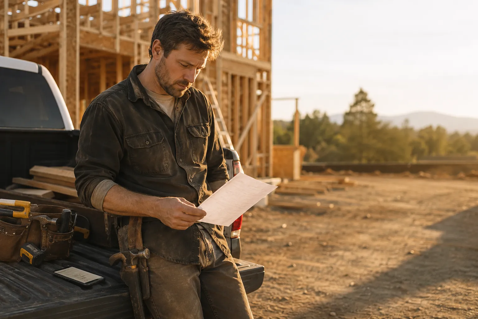 A general contractor at a job site checking a phone, weighing a paid lead invoice against a free lead that came in on its own