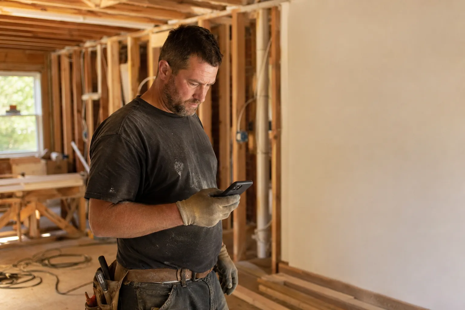A general contractor on a job site checking a phone showing a new lead that opens with a question about price
