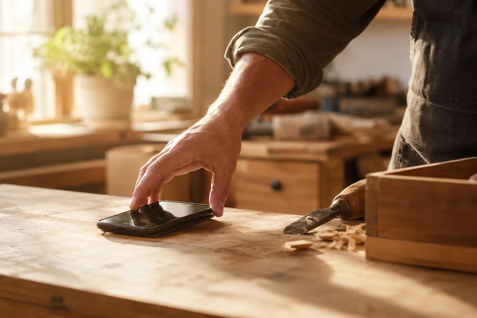 A tradesperson's phone lighting up with a new lead while their hands are full on a job