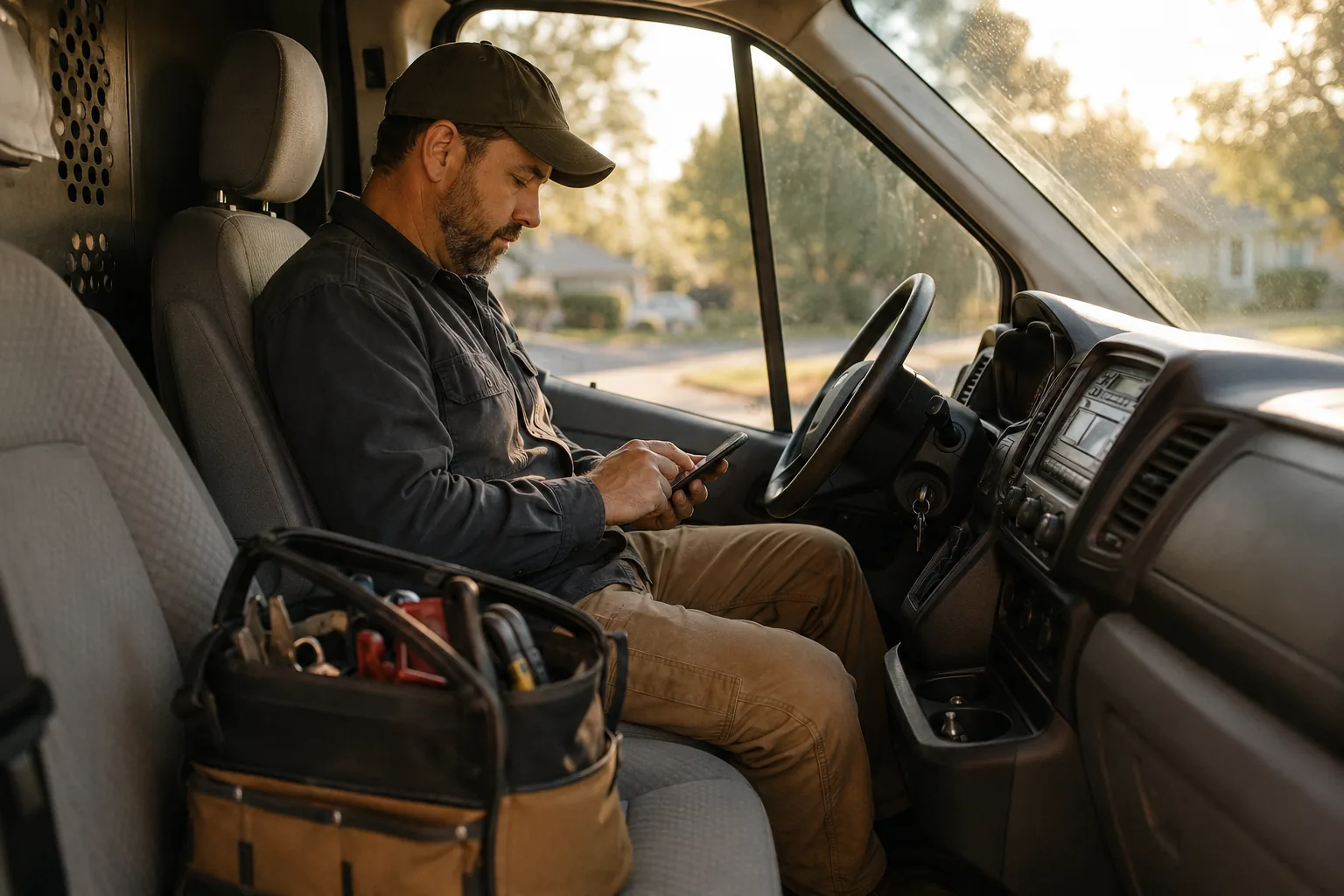 A white HVAC service van driving down a brick suburb street at golden hour