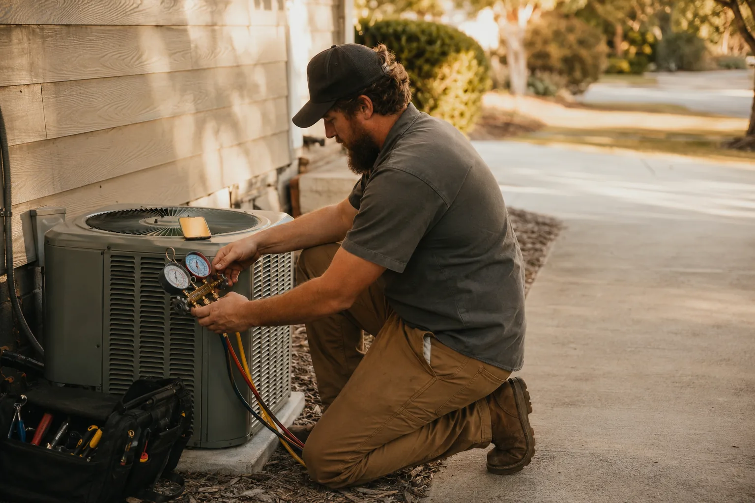 An HVAC service van arriving at a home at sunrise