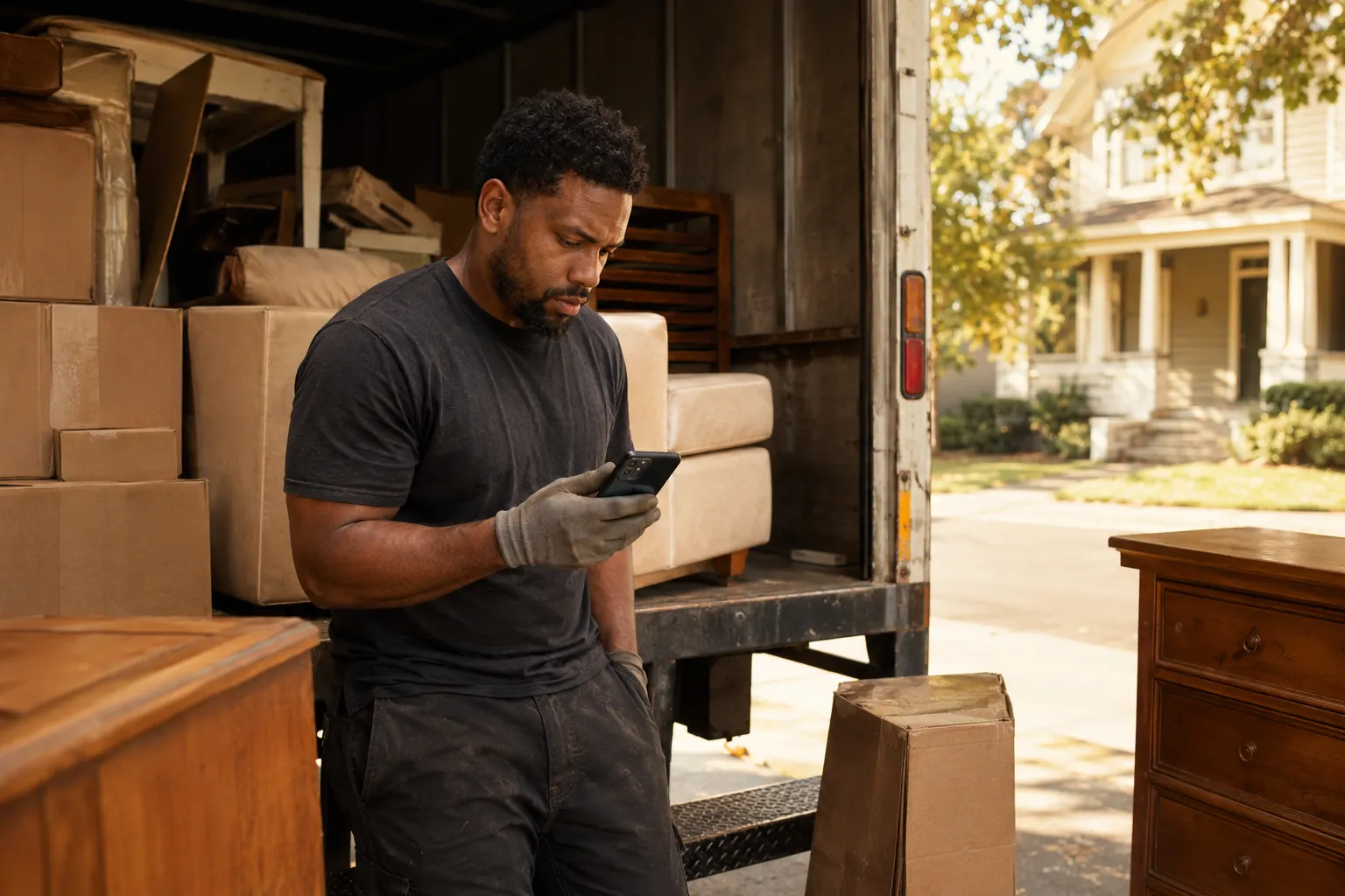 A junk removal owner reading an urgent eviction cleanout text on a phone while loading a truck