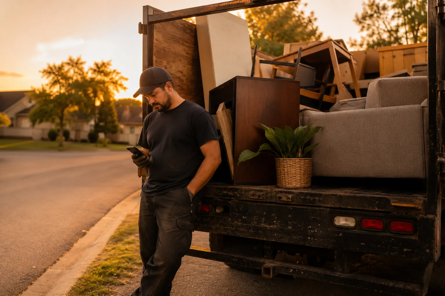 A junk removal owner standing by his loaded truck reading a customer text that asks how much for a half truckload, his phone lit up in the evening