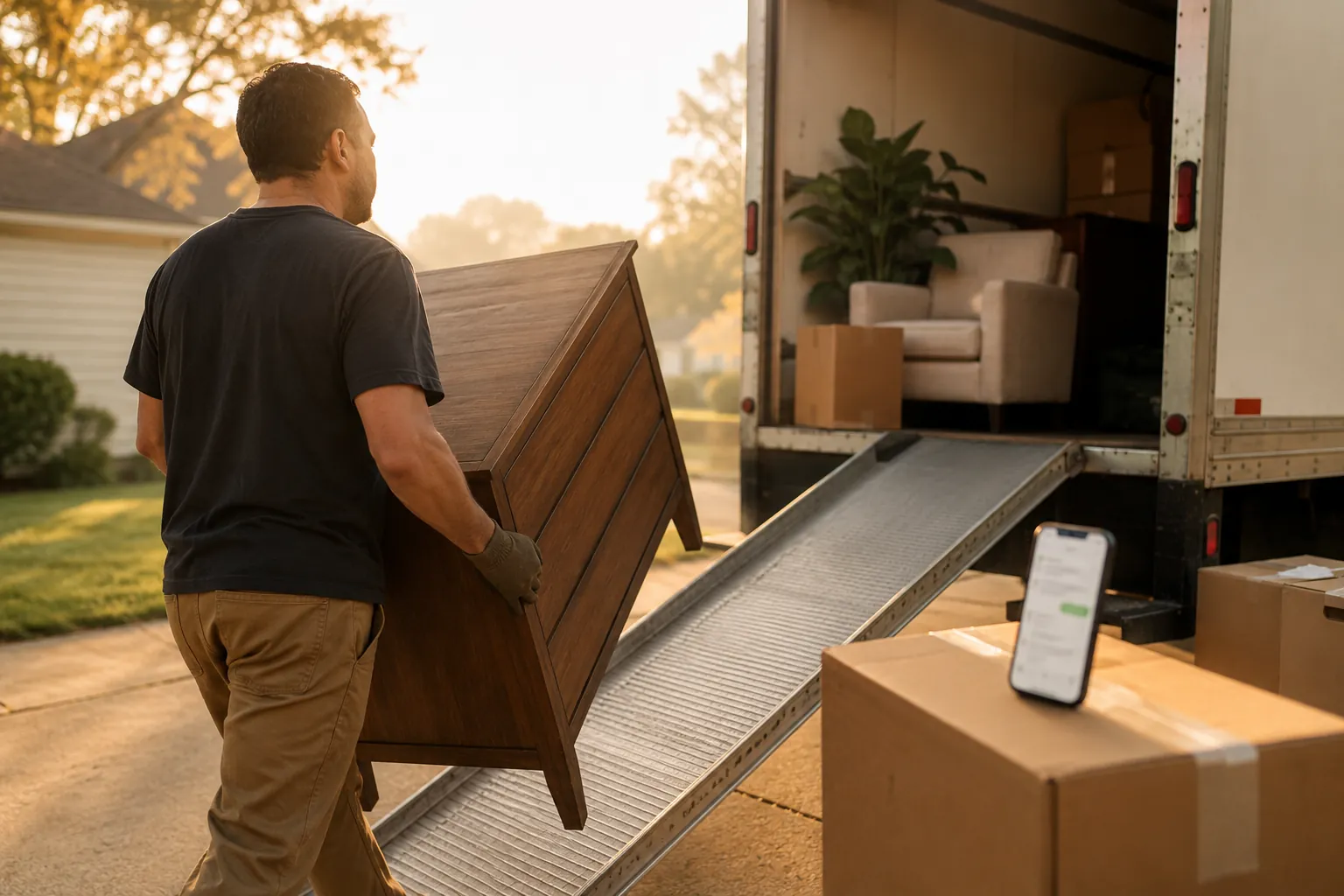 A junk removal owner loading a couch into the truck while a phone shows a lead getting answered for him