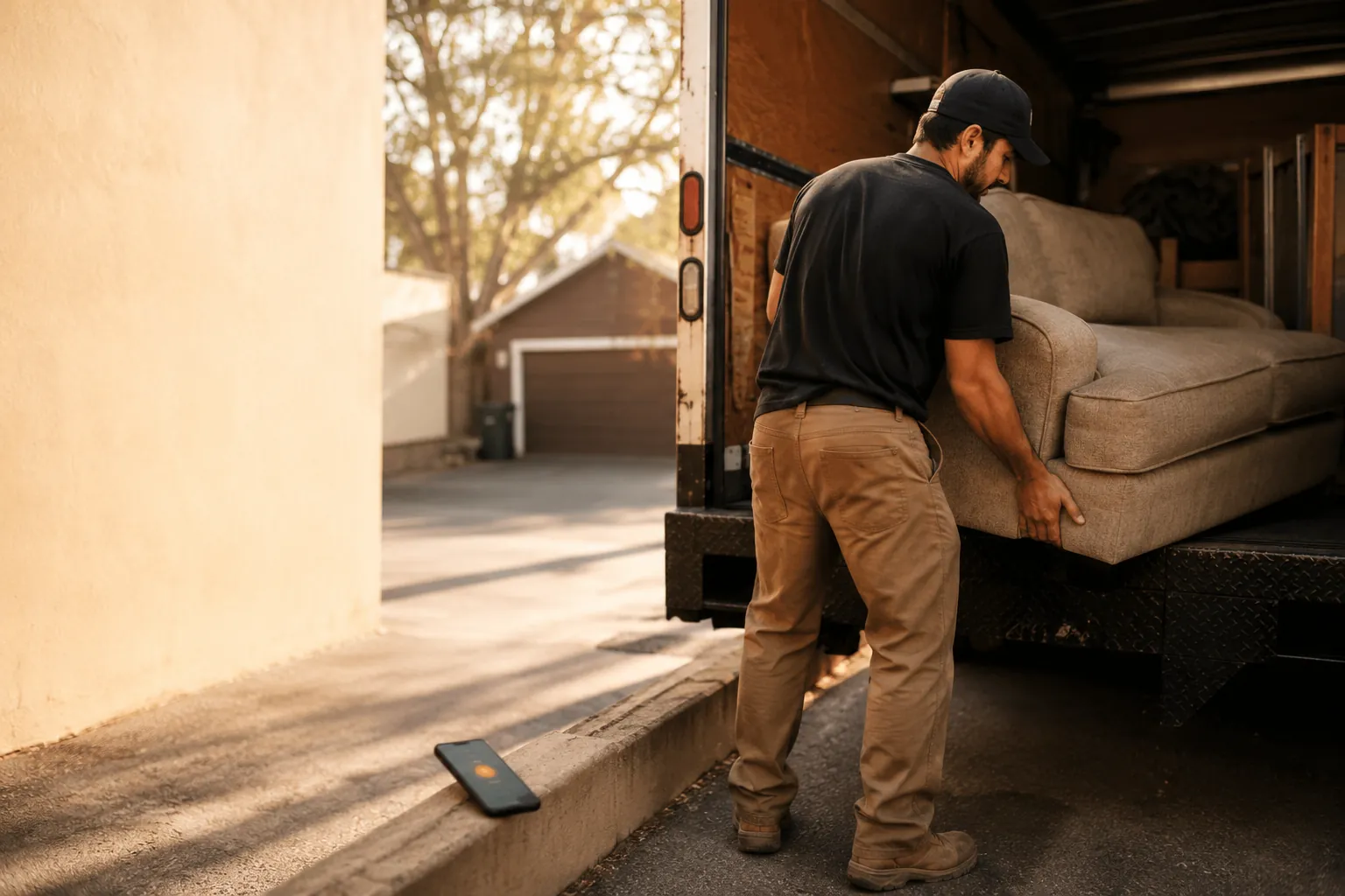 A junk removal owner loading a couch into the truck while a new lead waits unanswered on his phone