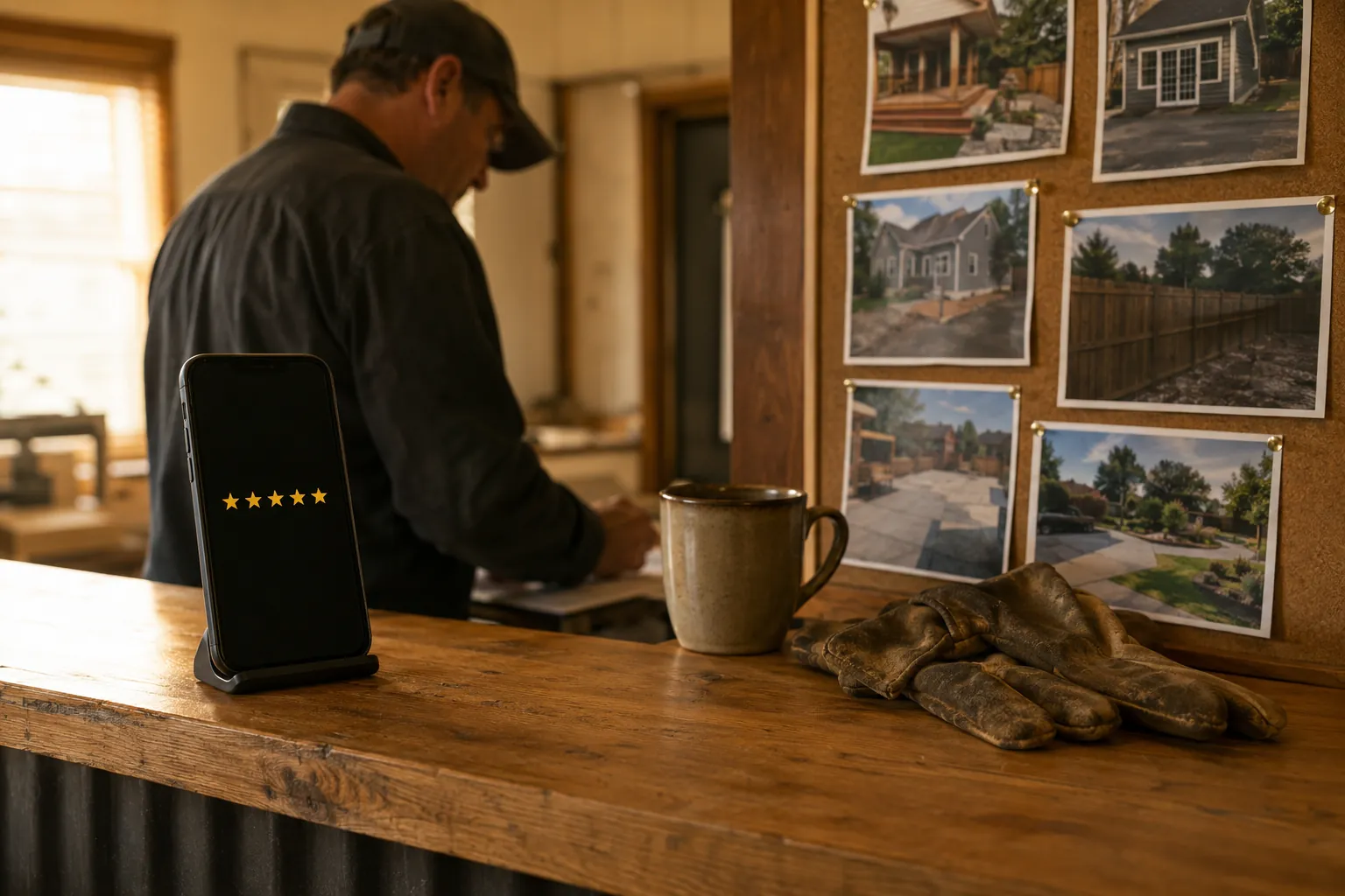A service-company front counter with a phone showing a five-star review and photos of finished jobs pinned behind