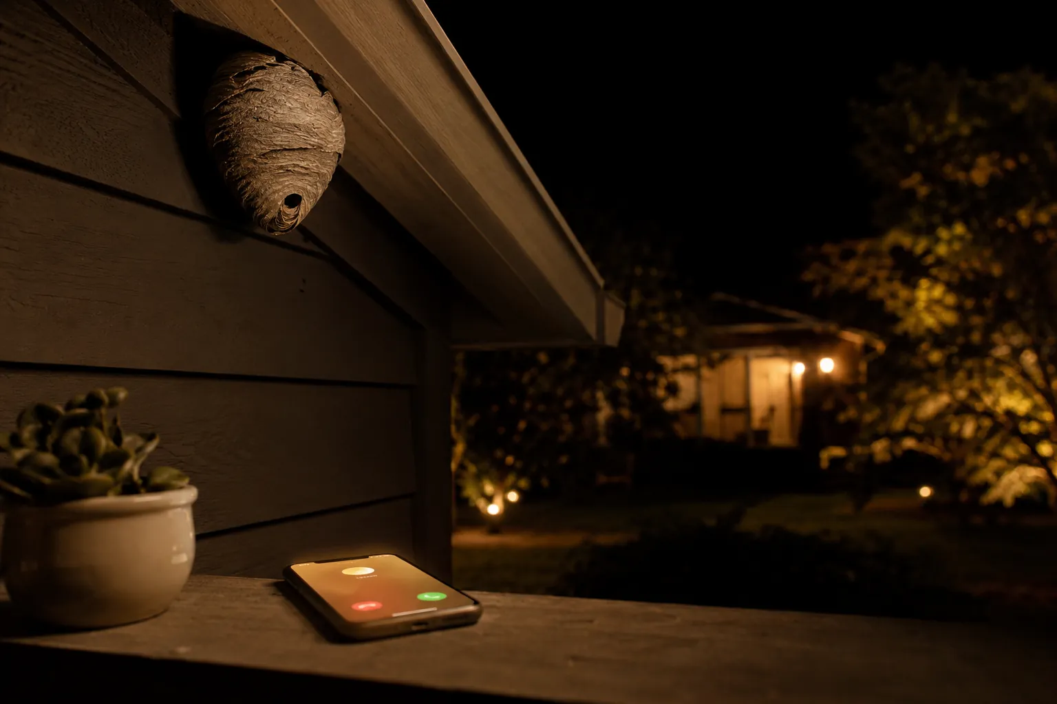 A dark house at night, a wasp nest under the eaves, a homeowner's phone glowing with an unanswered pest control call