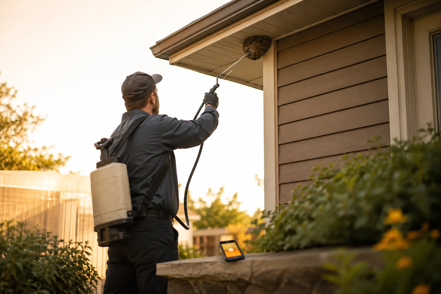 A solo pest control tech in a summer yard spraying a wasp nest under an eave while his phone lights up with a missed call he cannot reach