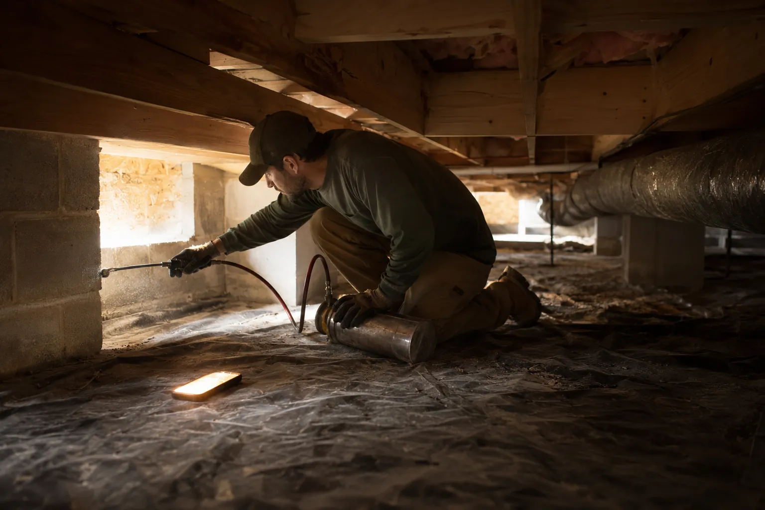 A pest control technician in a tight crawlspace under a house, sprayer in hand, while a phone lights up with a new lead nearby