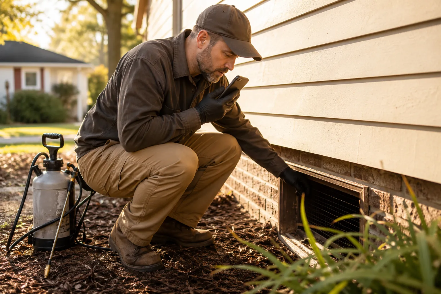 A pest control owner kneeling at a crawlspace vent, phone in hand, asking a caller what they saw before naming a price