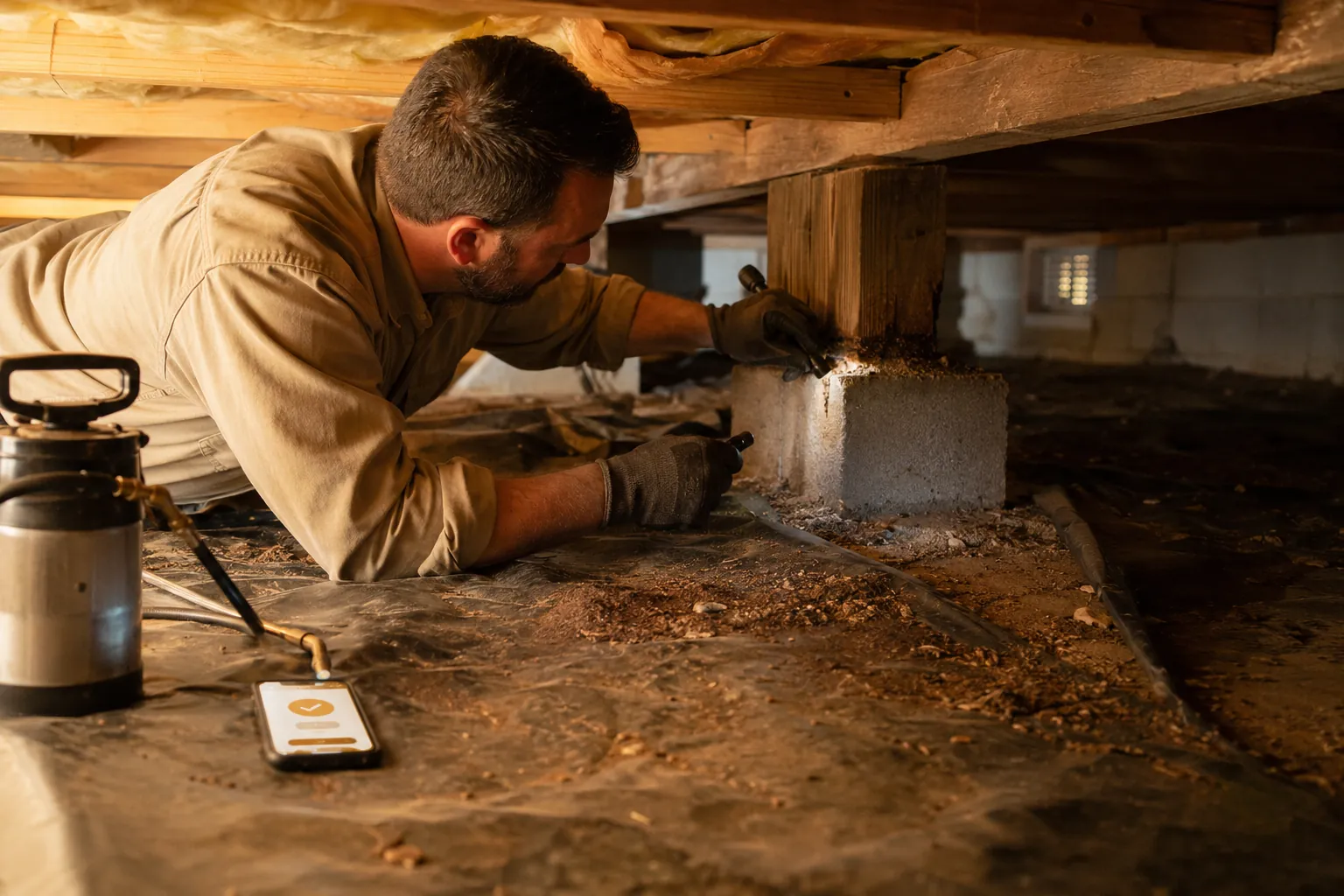 A pest control owner in a crawlspace under a house, phone lit with a new lead already replied to and booked