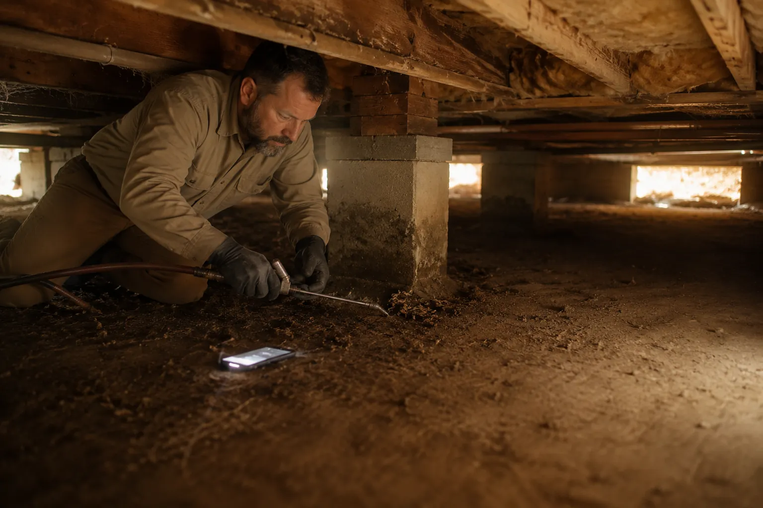 A pest control owner in a crawlspace under a house with a phone glowing on the dirt beside him, a new lead arriving while his hands are full