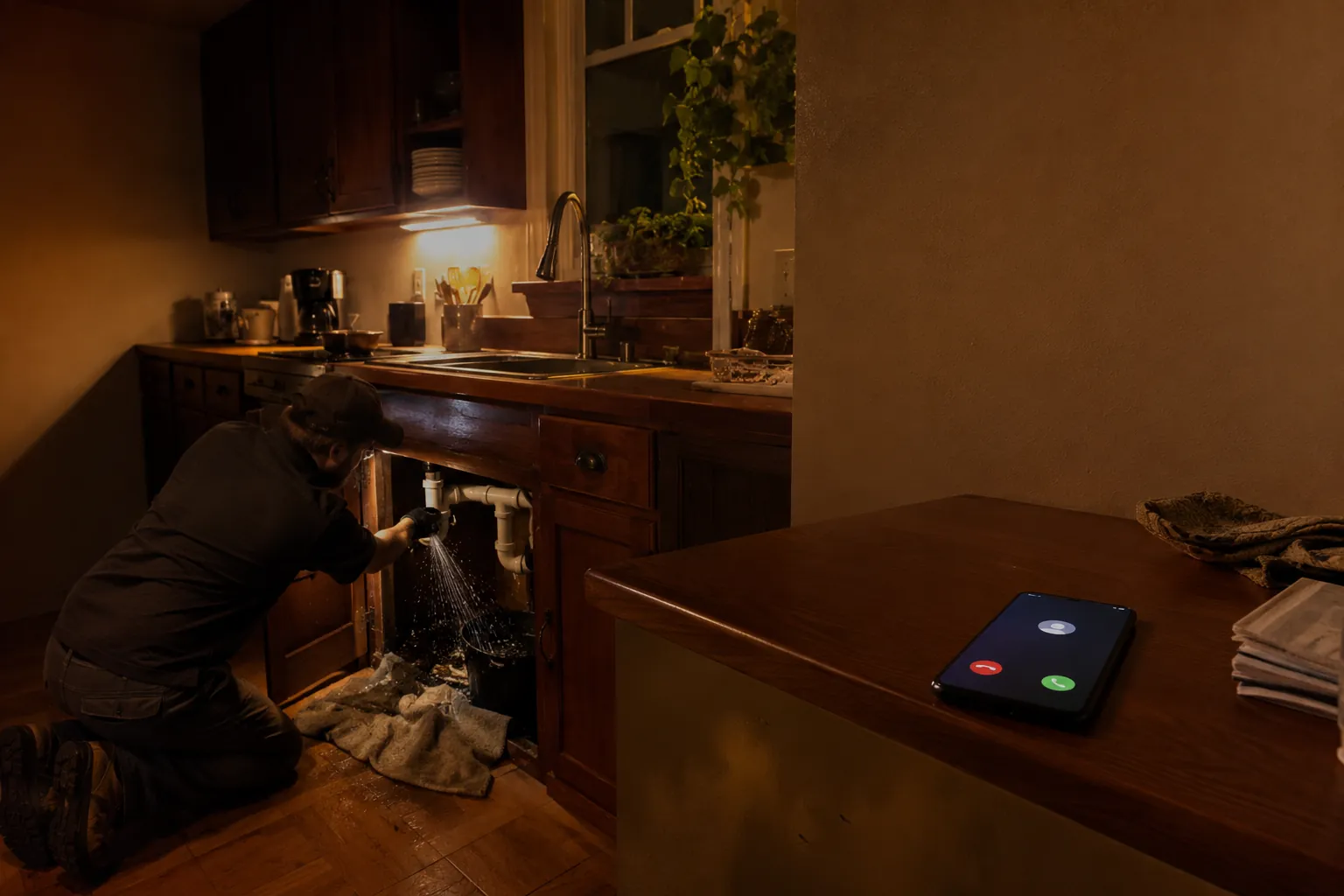A dark kitchen at 2 AM with a burst pipe spraying water, a phone glowing on the counter showing an unanswered call