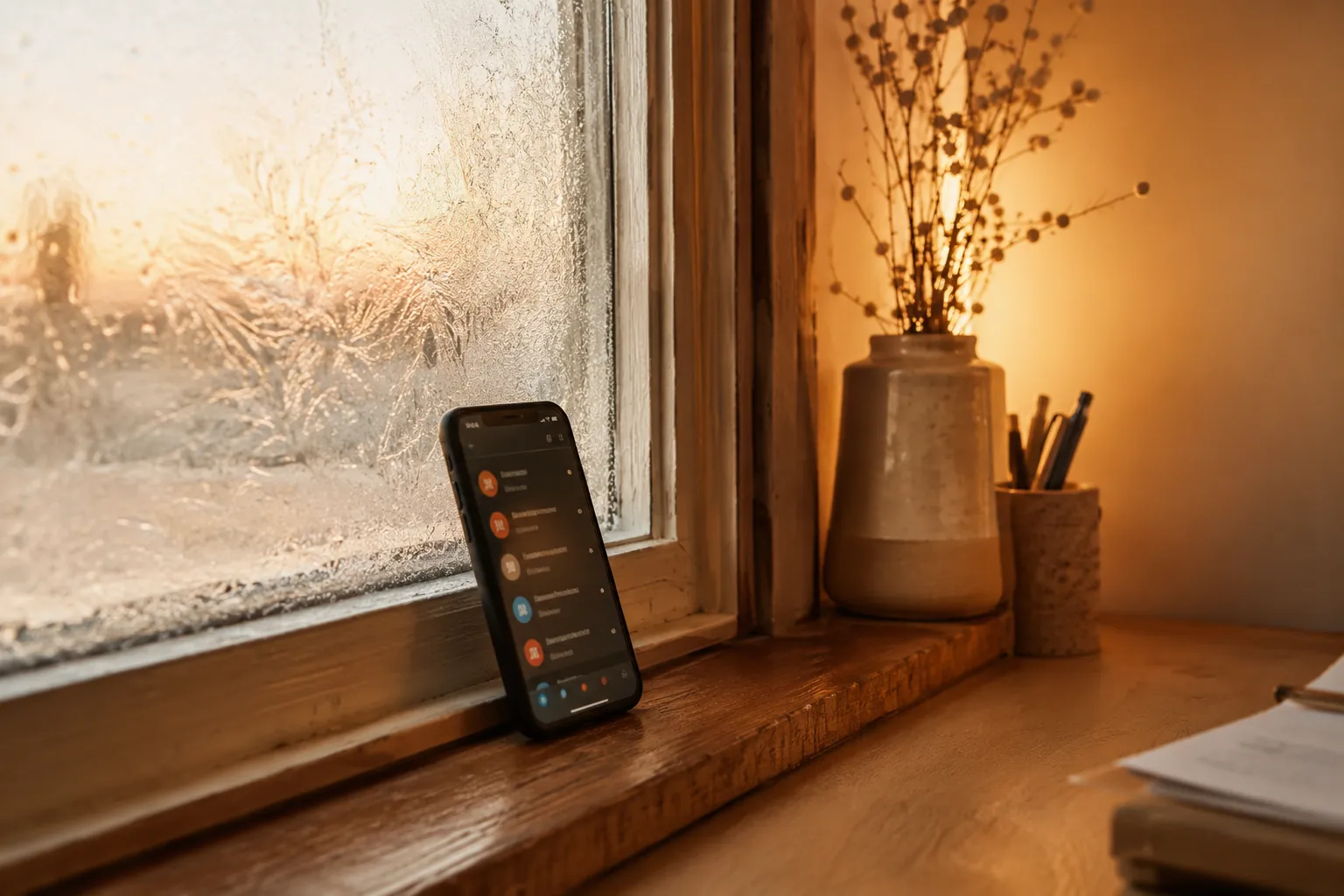 A frosted window during a hard freeze with a plumber's phone lit up with stacked frozen-pipe messages waiting for a reply
