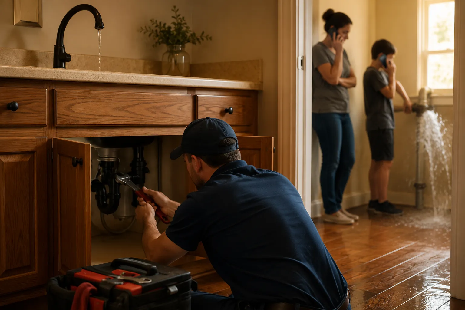 A plumber under a sink with both hands on a wrench while two leads, a burst pipe and a dripping faucet, wait on a phone nearby