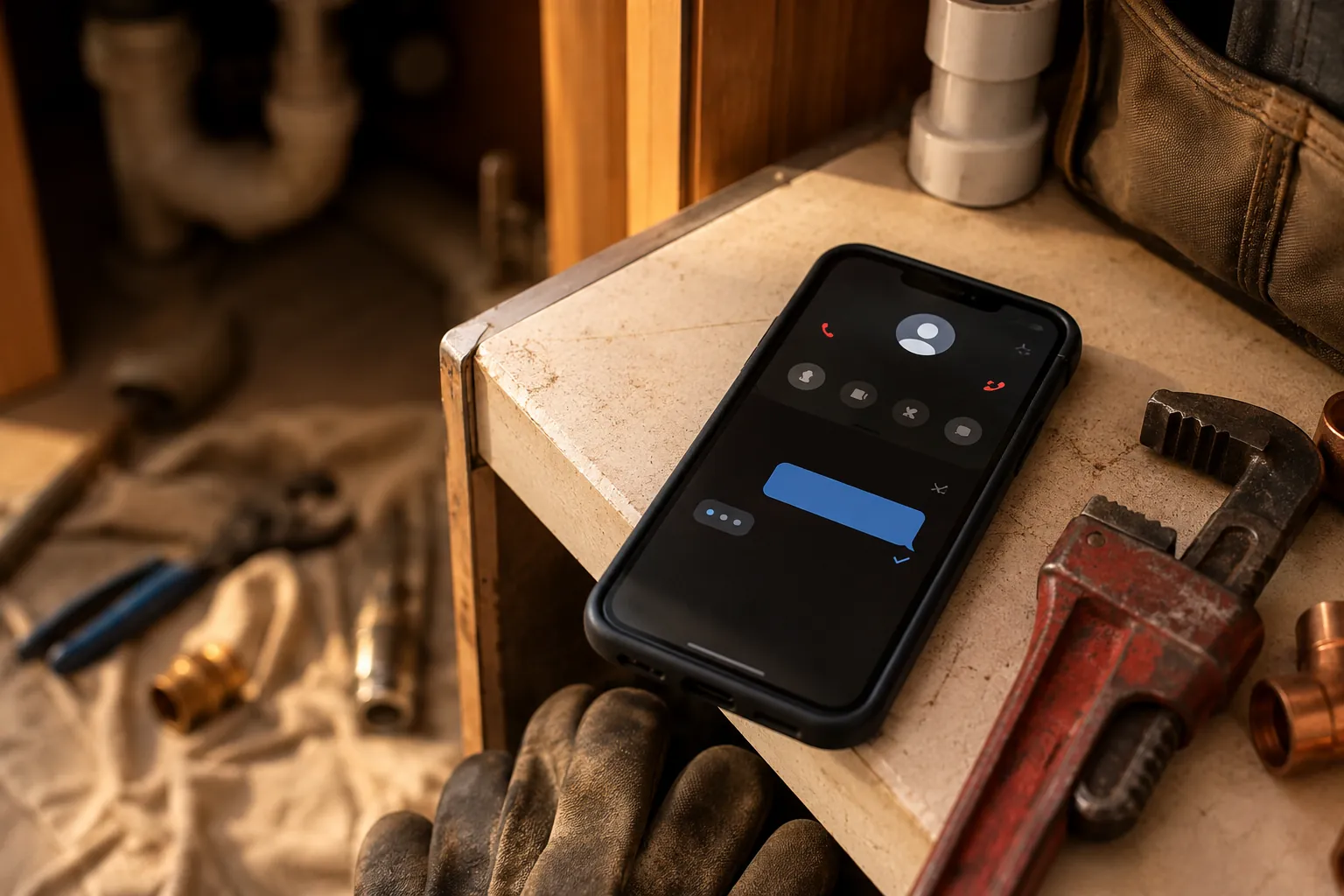 A plumber's phone on a job site showing a missed call and a fast text reply sent back to the caller