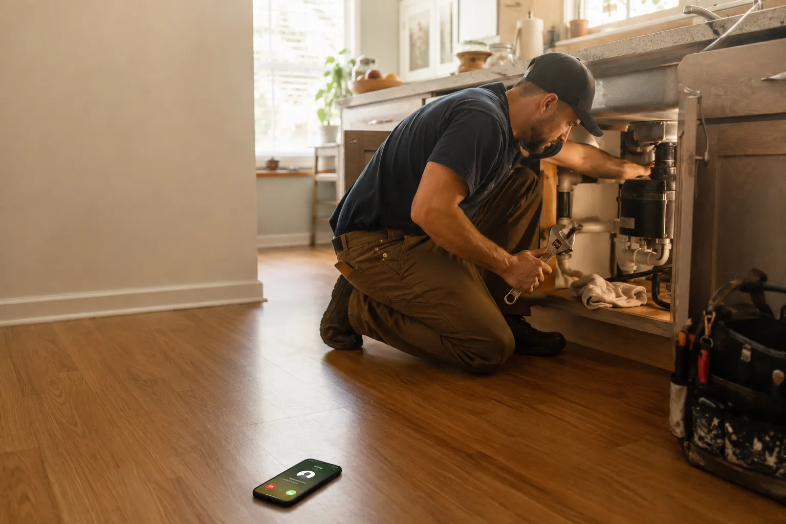 A plumber under a sink with a wrench while a phone on the floor shows a missed burst-pipe call