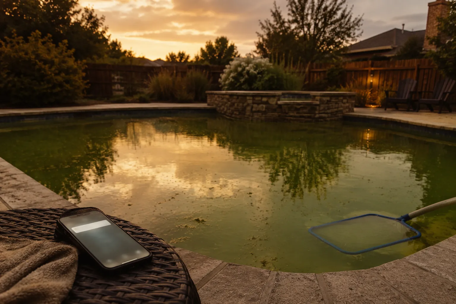 A backyard swimming pool turned cloudy green at dusk with a phone lit up showing an unanswered emergency cleanup message