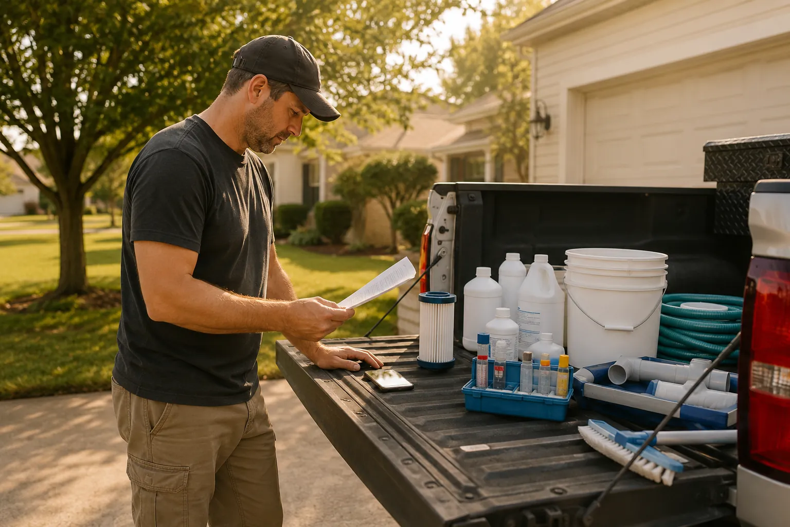 A pool service owner at a truck tailgate weighing a paid-lead invoice against a phone showing a missed call from a referral pool customer
