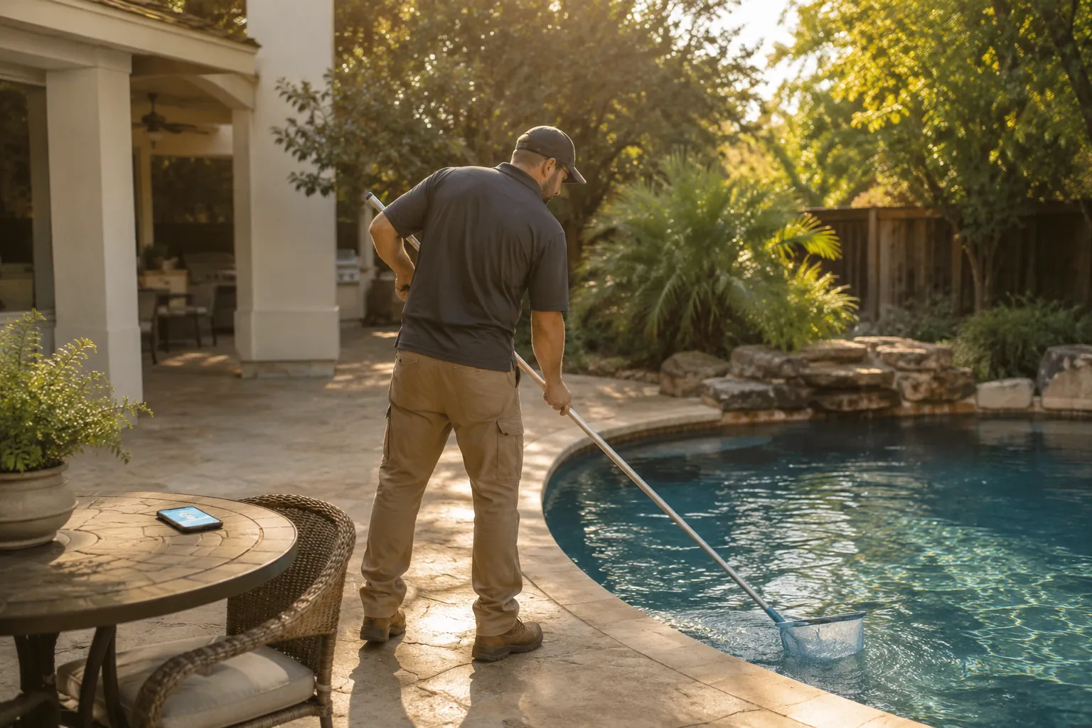 A pool tech with a net at a backyard pool, phone in pocket buzzing with a customer text he cannot answer mid-route