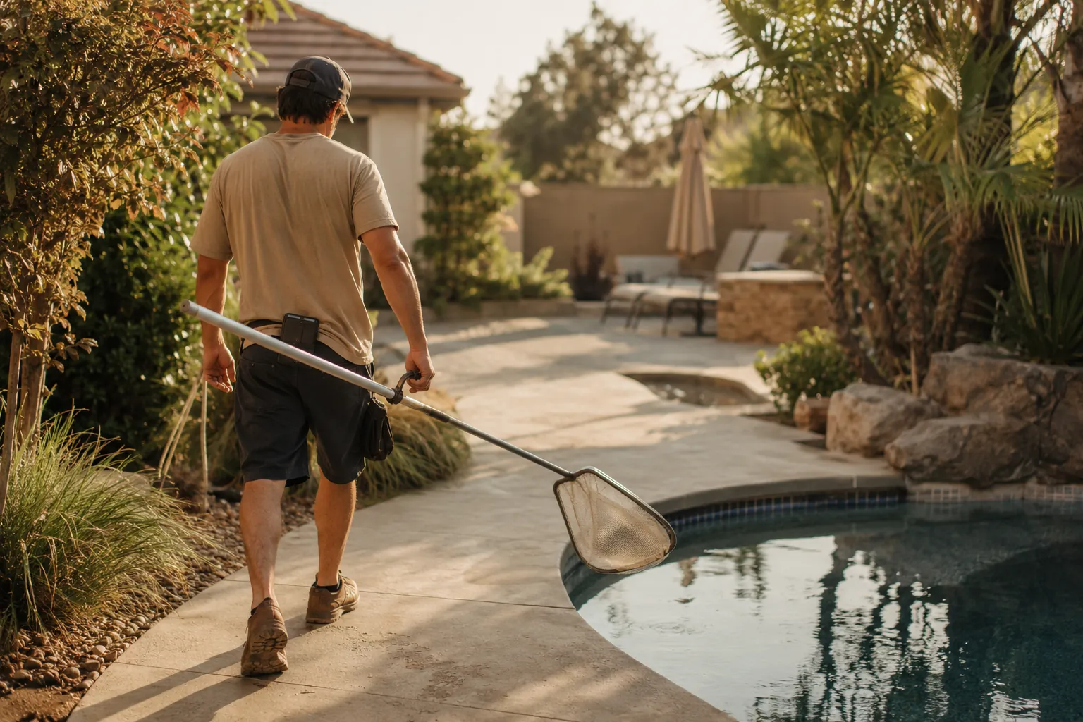 A pool tech mid-route with skimmer in hand and a phone in his pocket, an unheard voicemail waiting while he works