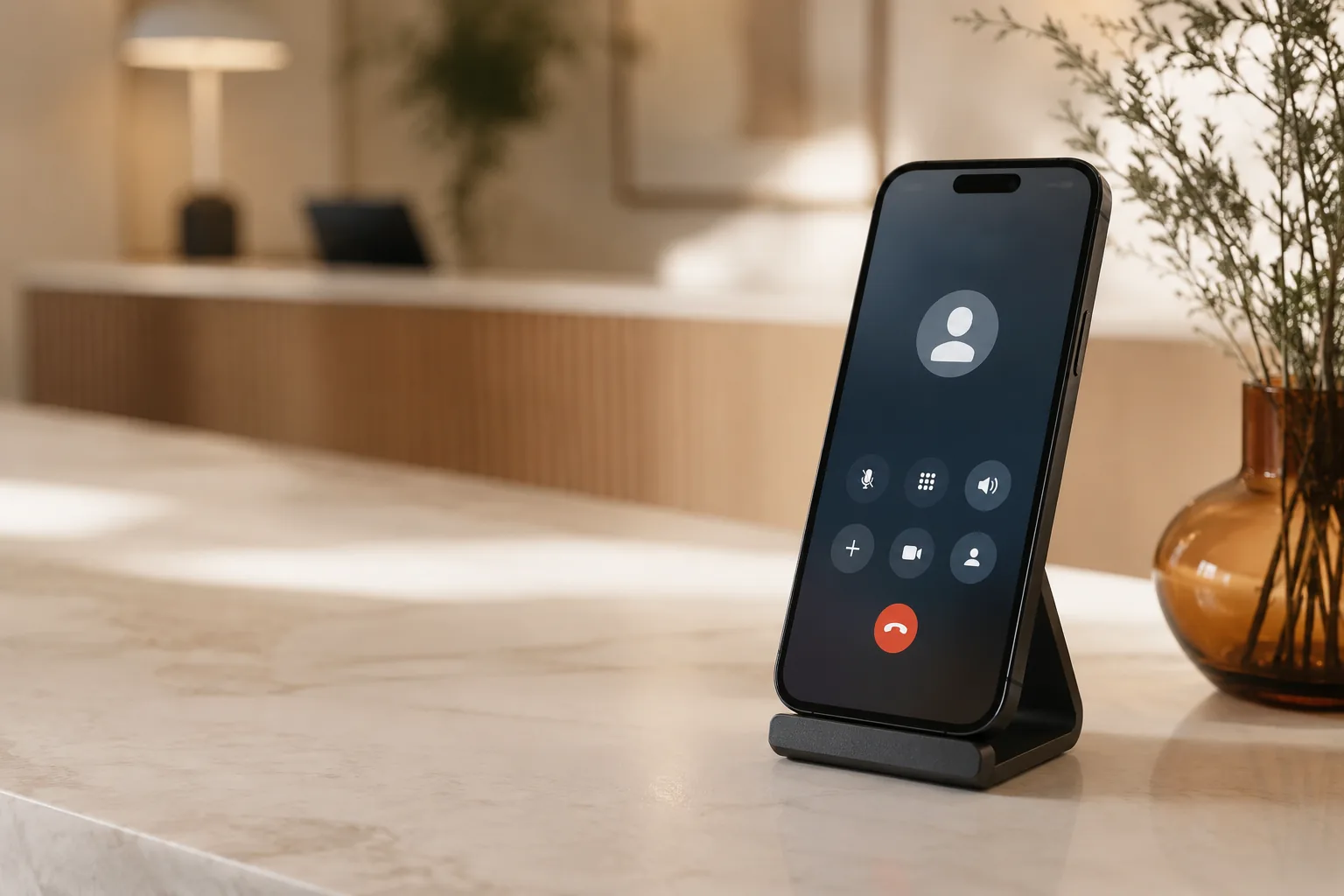 A small-business owner working with hands full while a phone lights up with a new lead nearby