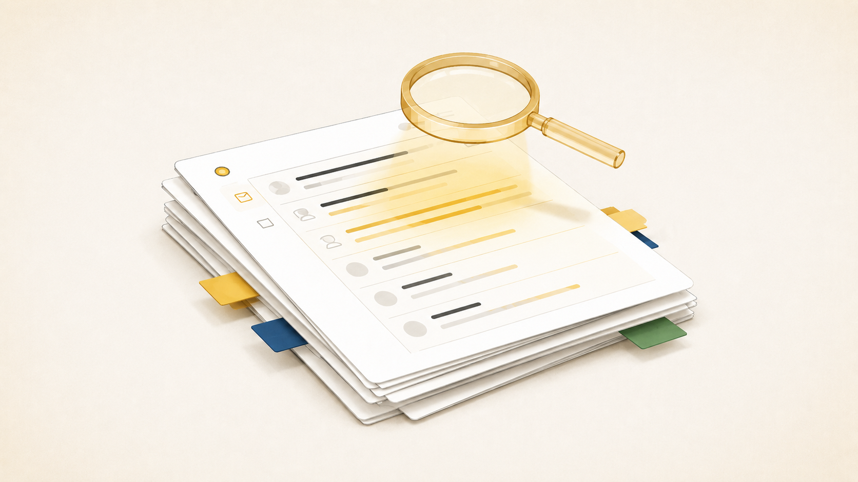A stack of letters with colored sticky-note tabs, a gold magnifier scanning the top letter.